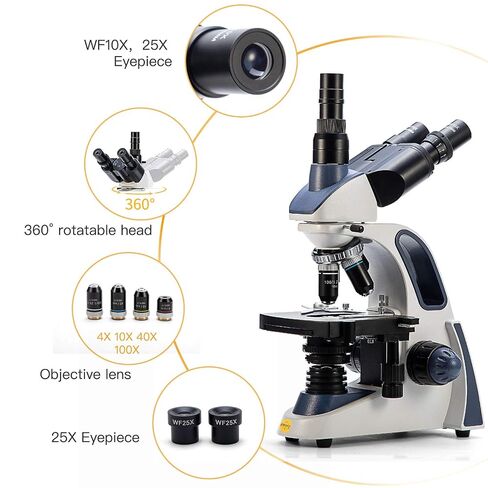 Swift SW380T Compound Trinocular Microscope,40X-2500X Magnification,Two-Layer Mechanical Stage,5.0 MP Camera and Software Windows/Mac Compatible and 100 PCS Blank Slides in Kuwait