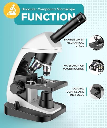 Monocular Biological Compound Microscope, 2000X High Magnification, Universal for Adults, Students & Kids, Professional Lab Teaching Instrument with Phone Adapter,Complete Slides Set，Black | 2000X High Magnification, Universal for Adults, Students & Kids, in Kuwait