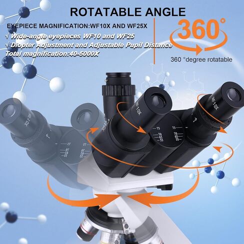 Herwicm Compound Trinocular Microscope 40X-5000X Magnification, Research Grade Professional Microscope, Two Levels of Mechanical Stage LED Illumination, USB Video Camera with Microscope for Adults in Kuwait