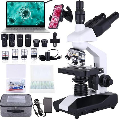 Herwicm Compound Trinocular Microscope 40X-5000X Magnification, Research Grade Professional Microscope, Two Levels of Mechanical Stage LED Illumination, USB Video Camera with Microscope for Adults in Kuwait