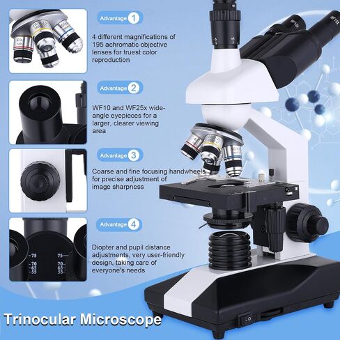 Herwicm Compound Trinocular Microscope 40X-5000X Magnification, Research Grade Professional Microscope, Two Levels of Mechanical Stage LED Illumination, USB Video Camera with Microscope for Adults in Kuwait