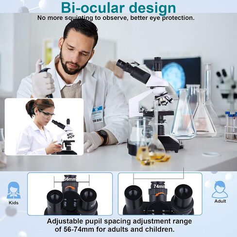 Herwicm Compound Trinocular Microscope 40X-5000X Magnification, Research Grade Professional Microscope, Two Levels of Mechanical Stage LED Illumination, USB Video Camera with Microscope for Adults in Kuwait