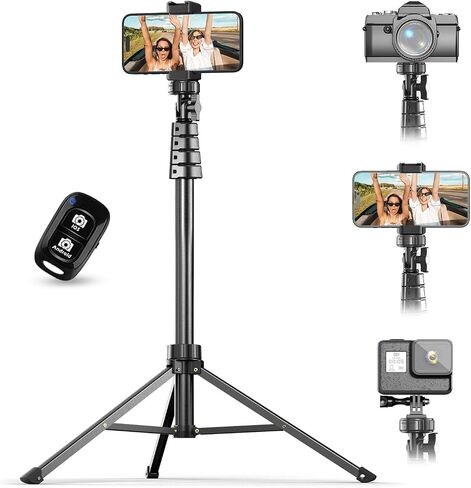 UBeesize 62" Phone Tripod & Selfie Stick with Wireless Remote and Phone Holder, Compatible with iPhone and Android for Selfies, Video Recording, and Live Streaming(Black) in Kuwait
