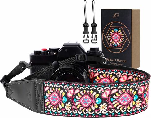 Padwa Lifestyle Camera Strap - 2" Full Grain Leather Ends Camera Straps for Photographers, Vintage Embroidered Cotton Weave Soft Suede Fabric Padded Strap Quick Release fits All Cameras in Saudi Arabia