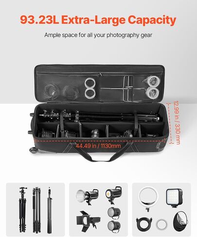 VEVOR Studio Equipment Trolley Case, 46.46 x 14.57 x 11.81 in / 118 x 37 x 30 cm, Rolling Camera Bag, Carrying Bag with Wheels Straps Padded Compartment Handle, for Light Stands, Tripods, Telescopes in Kuwait