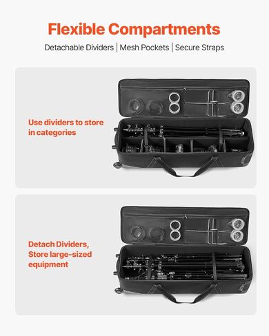 VEVOR Studio Equipment Trolley Case, 46.46 x 14.57 x 11.81 in / 118 x 37 x 30 cm, Rolling Camera Bag, Carrying Bag with Wheels Straps Padded Compartment Handle, for Light Stands, Tripods, Telescopes in Kuwait