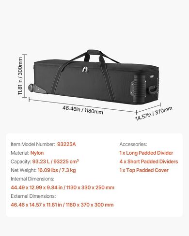 VEVOR Studio Equipment Trolley Case, 46.46 x 14.57 x 11.81 in / 118 x 37 x 30 cm, Rolling Camera Bag, Carrying Bag with Wheels Straps Padded Compartment Handle, for Light Stands, Tripods, Telescopes in Kuwait