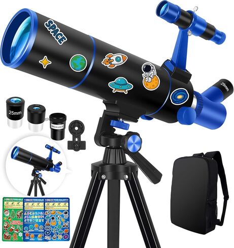 Hawkko 80mm Aperture 500mm Telescope for Kids 8-12 & Adults Beginners | Astronomical Refractor Telescope Kit for Beginners with Decorate Stickers, AZ Tripod, Phone Adapter in Kuwait