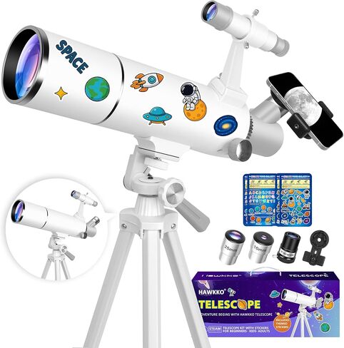 Hawkko 80mm Aperture 500mm Telescope for Kids 8-12 & Adults Beginners | Astronomical Refractor Telescope Kit for Beginners with Decorate Stickers, AZ Tripod, Phone Adapter in Kuwait