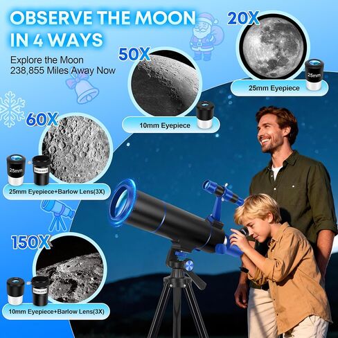 Hawkko 80mm Aperture 500mm Telescope for Kids 8-12 & Adults Beginners | Astronomical Refractor Telescope Kit for Beginners with Decorate Stickers, AZ Tripod, Phone Adapter in Kuwait