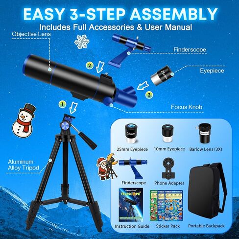 Hawkko 80mm Aperture 500mm Telescope for Kids 8-12 & Adults Beginners | Astronomical Refractor Telescope Kit for Beginners with Decorate Stickers, AZ Tripod, Phone Adapter in Kuwait