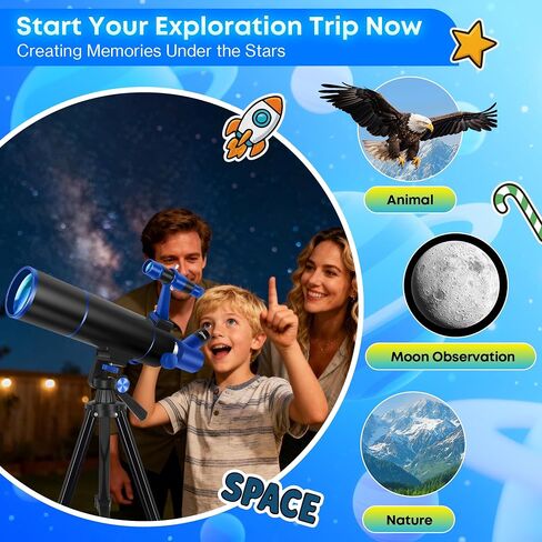Hawkko 80mm Aperture 500mm Telescope for Kids 8-12 & Adults Beginners | Astronomical Refractor Telescope Kit for Beginners with Decorate Stickers, AZ Tripod, Phone Adapter in Kuwait