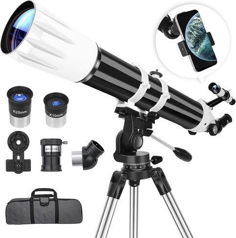 Hawkko 90mm Aperture 900mm Telescope for Adults High Powered | Multi-Coated Professional Refractor Telescope for Astronomy Beginners (36X-270X) with AZ Mount, Carry Bag, Phone Adapter in Kuwait