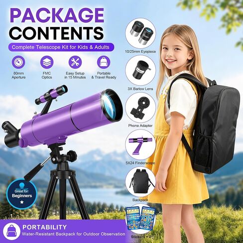 Dianfan Telescope for Kids & Adults, 80mm Aperture 500mm Astronomical Professional Telescope for Adults High Powered, Portable Travel Telescopes for Beginners with Tripod & Adapter, Stickers, Backpack in Kuwait