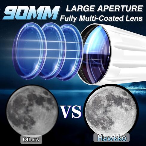 Hawkko 90mm Aperture 900mm Telescope for Adults High Powered | Multi-Coated Professional Refractor Telescope for Astronomy Beginners (36X-270X) with AZ Mount, Carry Bag, Phone Adapter in Kuwait