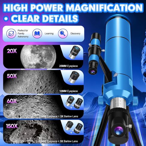 Telescope for Adults & Kids, 80mm Aperture 500mm (20X-150X) | Portable Refractor Telescopes, for Astronomy Beginners, with Tripod Phone Adapter, Stickers, Backpack, Travel and Stargazing in Kuwait
