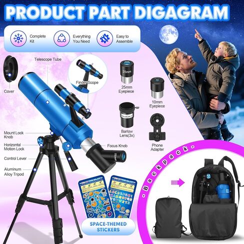 Telescope for Adults & Kids, 80mm Aperture 500mm (20X-150X) | Portable Refractor Telescopes, for Astronomy Beginners, with Tripod Phone Adapter, Stickers, Backpack, Travel and Stargazing in Kuwait