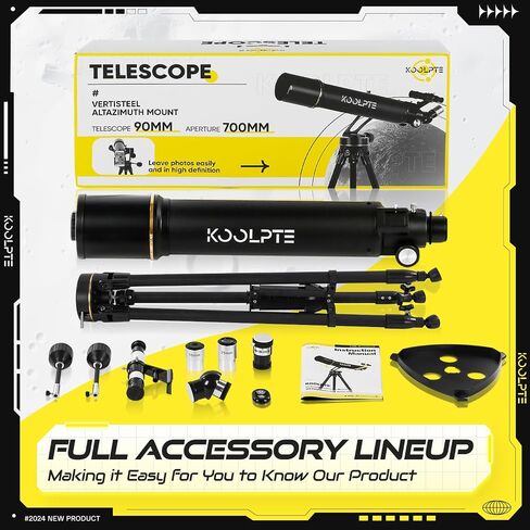 Koolpte 90mm 700mm Telescope for Adults & Beginners, Vertisteel AZ Mount | 90mm 700mm telescope for adults and beginners; fully multi-coated optics, Vertisteel AZ mount, phone adapter, remote and bag. in Saudi Arabia