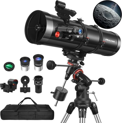 MEEZAA 150EQ Newtonian Reflector Telescope for Adults with Equatorial Mount | Professional Astronomical Telescopes for Beginners Stargazing, with Phone Adapter, Tripod, Moon Filter and Large Carry Bag in Kuwait