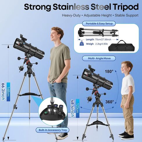 MEEZAA 150EQ Newtonian Reflector Telescope for Adults with Equatorial Mount | Professional Astronomical Telescopes for Beginners Stargazing, with Phone Adapter, Tripod, Moon Filter and Large Carry Bag in Kuwait