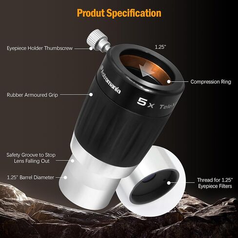 Astromania Premium Barlow Lens 5X 1.25inch 4-Elements TeleXtender Telescope | Premium Apochromatic Telescope Accessory,Built-In Brass Compression Ring,Rubber Armoured Grip,Multi-Coating for High Contrast in Kuwait