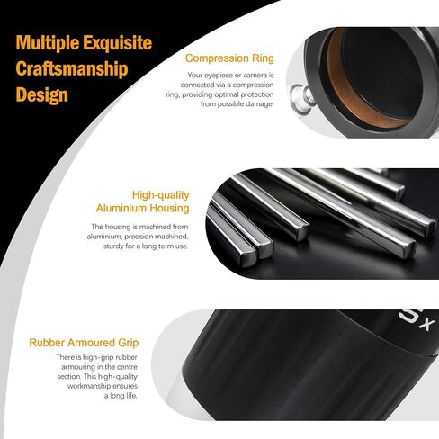 Astromania Premium Barlow Lens 5X 1.25inch 4-Elements TeleXtender Telescope | Premium Apochromatic Telescope Accessory,Built-In Brass Compression Ring,Rubber Armoured Grip,Multi-Coating for High Contrast in Kuwait