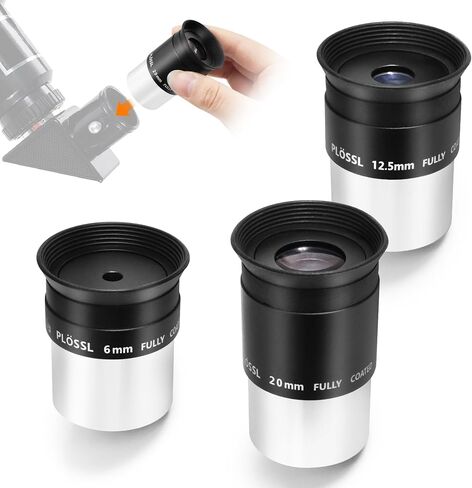 Astromania Eyepiece Set with 4 10 25mm Plossl Eyepieces & Barlow Lens 2X | Useful 1.25 Inch Telescope Accessories,50 Degree FOV Plossl Eyepieces,2x Barlow Double Magnification,Features Filter Thread in Kuwait