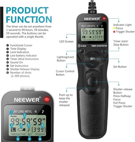 Neewer LCD Timer Shutter Release Remote Control for Canon 700D/T5i, 650D/T4i, 550D/T2i, 500D/T1i, 350D/XT, 400D/XTi, 1000D/XS, 450D/XSi, 60D, 100D, and Pentax in Kuwait