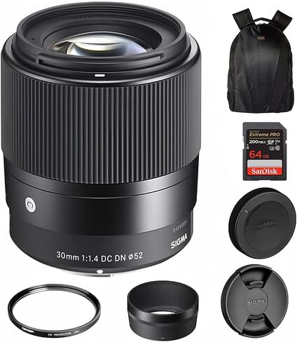 Sigma 30mm f/1.4 DC DN Contemporary Lens for Sony E, Rounded 9-Blade Bundle | Sigma Bundle includes rounded 9-Blade Diaphragm, Tiffen 52mm UV Protector, 64GB Extreme PRO Memory Card, and Camera Bag Kit in Kuwait