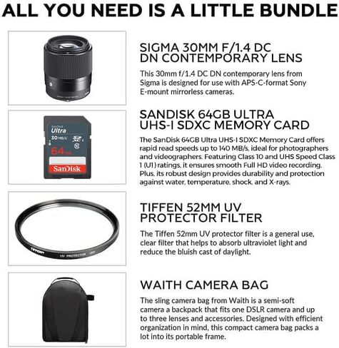 Sigma 30mm f/1.4 DC DN Contemporary Lens for Sony E, Rounded 9-Blade Bundle | Sigma Bundle includes rounded 9-Blade Diaphragm, Tiffen 52mm UV Protector, 64GB Extreme PRO Memory Card, and Camera Bag Kit in Kuwait