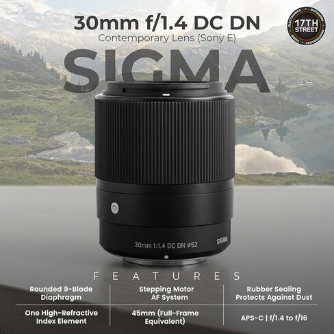 Sigma 30mm f/1.4 DC DN Contemporary Lens for Sony E, Rounded 9-Blade Bundle | Sigma Bundle includes rounded 9-Blade Diaphragm, Tiffen 52mm UV Protector, 64GB Extreme PRO Memory Card, and Camera Bag Kit in Kuwait