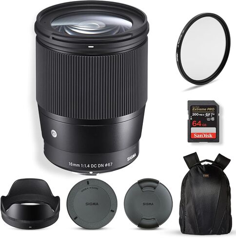 Sigma 16mm f/1.4 DC DN Contemporary Lens for Sony E, APS-C Format Bundle | Features super multi-layer coating, weather-sealed. Includes Tiffen 67mm UV Protector Filter, 64GB Extreme PRO Card, & Bag in Kuwait