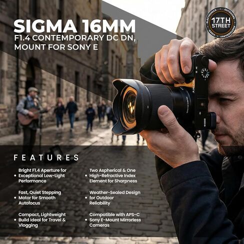 Sigma 16mm f/1.4 DC DN Contemporary Lens for Sony E, APS-C Format Bundle | Features super multi-layer coating, weather-sealed. Includes Tiffen 67mm UV Protector Filter, 64GB Extreme PRO Card, & Bag in Kuwait