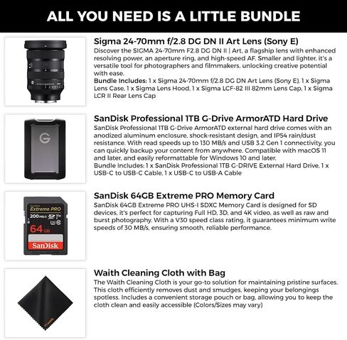 Sigma 24-70mm f2.8 DG DN II Art Lens Sony E| Full Frame Format, Six SLD Elements, Rounded 11-Blade with 1TB G-Drive ArmorATD & 64GB Extreme PRO Memory Card and Waith Cleaning Cloth (Bundle Set) in Kuwait