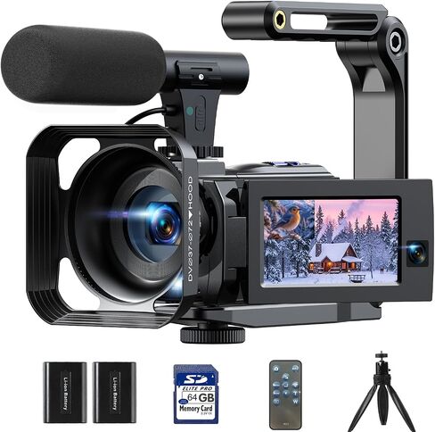 Camcorder Video Camera 5K 56MP - Dual Lens Vlogging Camera for YouTube with Night Vision 16X Digital Zoom 3" 270° Flip Touchscreen, 64GB Card, Microphone, Remote - Video Recorder for Content Creators in Kuwait