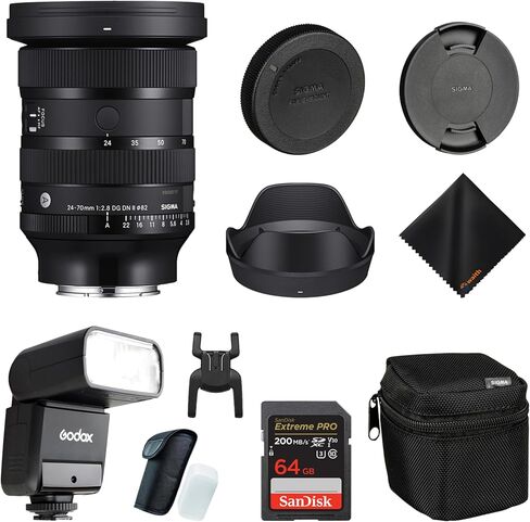 Sigma 24-70mm f/2.8 DG DN II Art Lens for Sony E, Full Frame Format Bundle | Features Six SLD Elements, Rounded 11-Blade. Includes Godox Flash TT350S Mini, 64GB Extreme PRO Memory Card & Cleaning Cloth in Kuwait