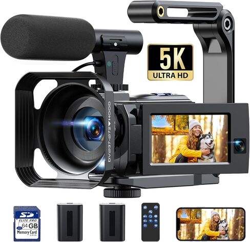 5K Video Camera Camcorder, 56MP Dual Lens Vlogging Camera for YouTube, Cam Corder with 3" 270° Flip Touch Screen,16X Zoom, Night Vision, WiFi, Remote, 64GB SD Card, 2 Batteries, Tripod, Webcam in Kuwait