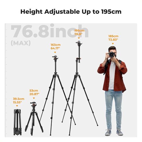 K&F Concept 76 inch Camera Tripod with Rotatable Multi-Angle Center Column,Lightweight Travel Outdoor DSLR Tripods with 360 Degree Ball Head Load Capacity 8kg/17.6lbs, Cellphone Clips for Smartphone in Kuwait