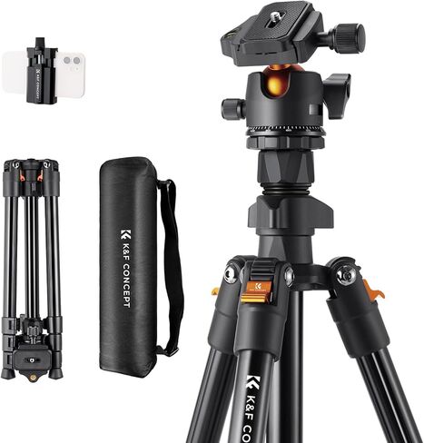 K&F Concept 64 inch/163cm Lightweight Outdoor Travel Camera Tripod | 360 Degree Ball Head, Load Capacity 17.6lbs, Cellphone Clip for Smartphone Live Streaming Vlog O234A1+BH-36 in Kuwait