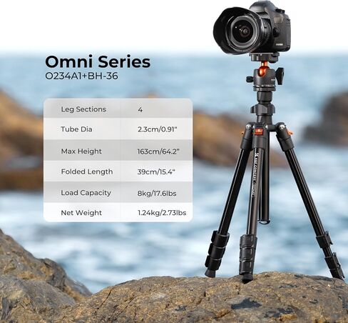 K&F Concept 64 inch/163cm Lightweight Outdoor Travel Camera Tripod | 360 Degree Ball Head, Load Capacity 17.6lbs, Cellphone Clip for Smartphone Live Streaming Vlog O234A1+BH-36 in Kuwait