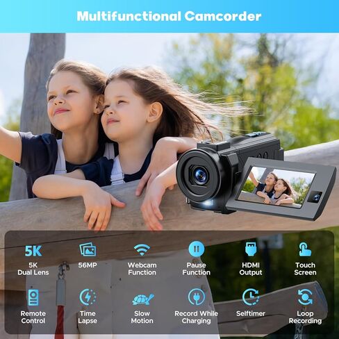 5K Video Camera Camcorder, 56MP Dual Lens Vlogging Camera for YouTube, Cam Corder with 3" 270° Flip Touch Screen,16X Zoom, Night Vision, WiFi, Remote, 64GB SD Card, 2 Batteries, Tripod, Webcam in Kuwait