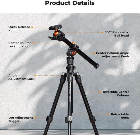 K&F Concept 76 inch Camera Tripod with Rotatable Multi-Angle Center Column,Lightweight Travel Outdoor DSLR Tripods with 360 Degree Ball Head Load Capacity 8kg/17.6lbs, Cellphone Clips for Smartphone in Kuwait