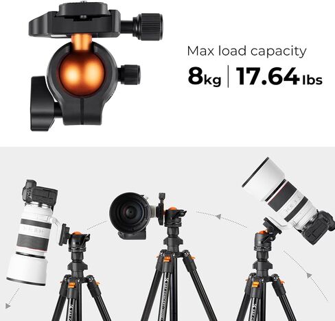 K&F Concept 64 inch/163cm Lightweight Outdoor Travel Camera Tripod | 360 Degree Ball Head, Load Capacity 17.6lbs, Cellphone Clip for Smartphone Live Streaming Vlog O234A1+BH-36 in Kuwait