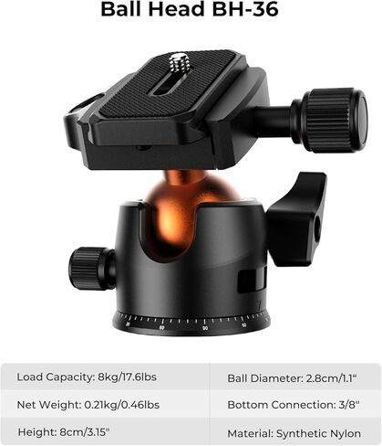 K&F Concept 64 inch/163cm Lightweight Outdoor Travel Camera Tripod | 360 Degree Ball Head, Load Capacity 17.6lbs, Cellphone Clip for Smartphone Live Streaming Vlog O234A1+BH-36 in Kuwait