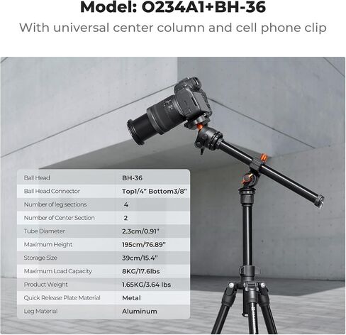 K&F Concept 76 inch Camera Tripod with Rotatable Multi-Angle Center Column,Lightweight Travel Outdoor DSLR Tripods with 360 Degree Ball Head Load Capacity 8kg/17.6lbs, Cellphone Clips for Smartphone in Kuwait