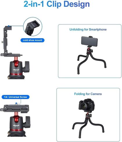 ULANZI Camera Tripod, Mini Flexible Stand w Hidden Phone Holder w Cold Shoe Mount, 1/4'' Screw f Magic Arm, Universal f iPhone 17 16 15 14 Pro Max XS Max Canon Nikon Sony DJ Pocket 4/3 Cameras in Kuwait
