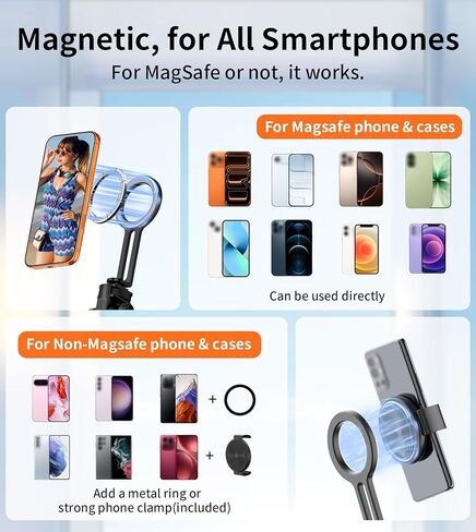 Gahenwo 69" Magnetic Phone Tripod for All Phones,Selfie Stick for Magsafe with Rechargeable Remote & Phone Mount ,Portable Stand with Tripod Leg for iPhone/Android,Camera Mounts & Clamps,Photo,Travel in Kuwait