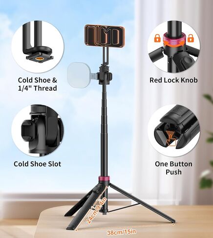 Gahenwo 69" Magnetic Phone Tripod for All Phones,Selfie Stick for Magsafe with Rechargeable Remote & Phone Mount ,Portable Stand with Tripod Leg for iPhone/Android,Camera Mounts & Clamps,Photo,Travel in Kuwait