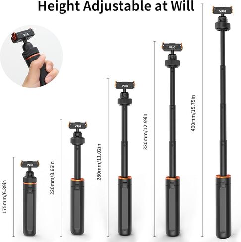 VRIG 40cm/15.7" Telescopic Selfie Stick Tripod for DJI Osmo Action 5 Pro/ 4/ Osmo 360, AC-79 Action Camera Vlog Handle Grip with Ball-Head Magnetic Quick Release Mount Adapter in Kuwait