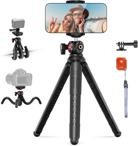 NEEWER Camera Tripod with Remote, Mini Flexible Vlog Phone Tripod Stand with Action Camera Mount Adapter, Hidden Phone Holder & Cold Shoe Compatible with iPhone Hero13 12 11 10 9, Max Load 4.4lb, TP34 in Kuwait